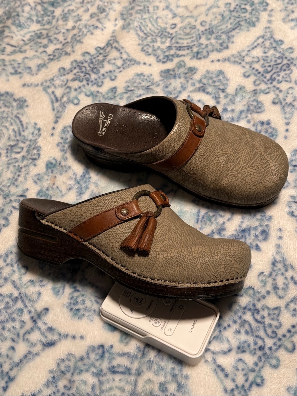 Dansko Taupe Slip-On Clogs with Brown Tassel Accent